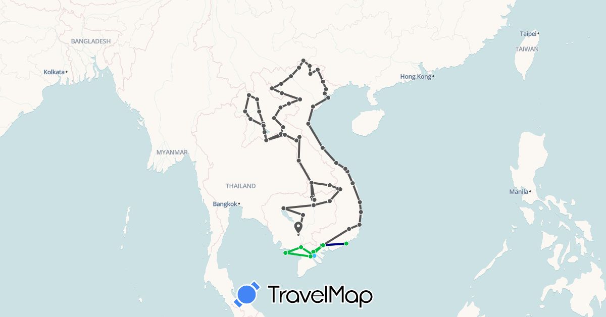 TravelMap itinerary: driving, bus, boat, motorbike in Cambodia, Laos, Vietnam (Asia)